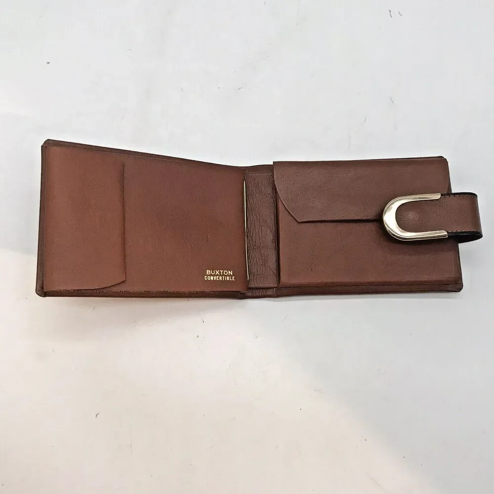 Vintage Buxton Convertible Cognac Leather Bifold Wallet Men's Brown Billfold NOS